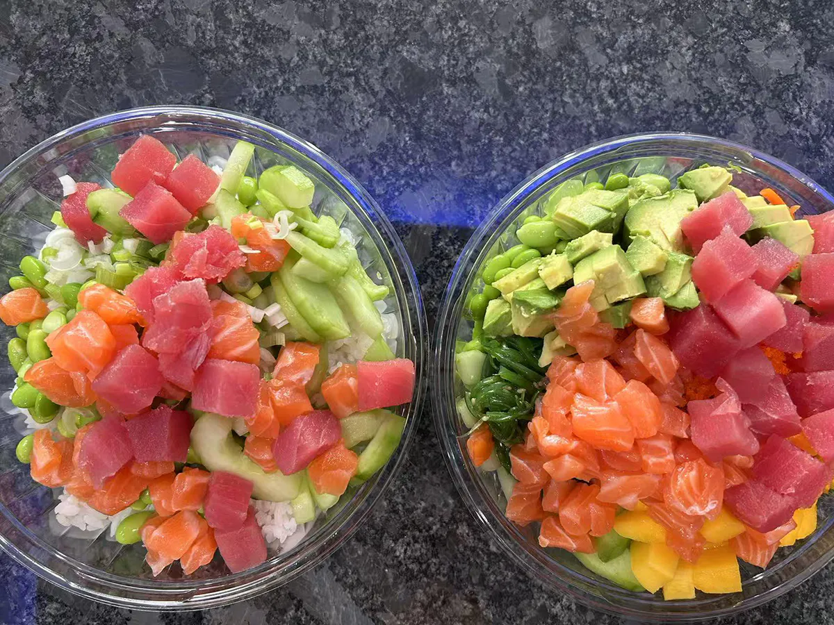 Fresh salmon and tuna poke bowls with edamame at Lin Poke, a Hawaiian Poke Bowl Restaurant in Clearwater Fresh salmon and tuna poke bowls with edamame at Lin Poke, a Hawaiian Poke Bowl Restaurant in Clearwater