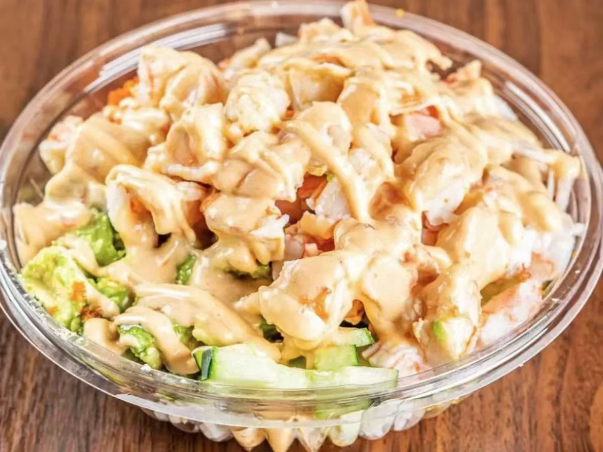 Shrimp poke bowl with creamy spicy sauce at Lin Poke, a Hawaiian Poke Bowl Restaurant in Clearwater