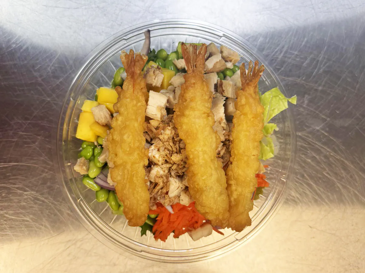 Tempura shrimp poke bowl with chicken and veggies at Lin Poke, a Hawaiian Poke Bowl Restaurant in Clearwater