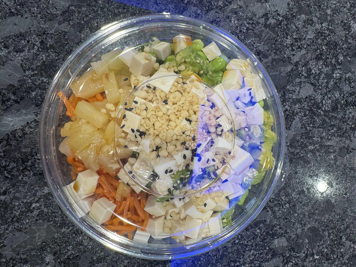 Tofu poke bowl with sesame seeds and veggies at Lin Poke, a Hawaiian Poke Bowl Restaurant in Clearwater