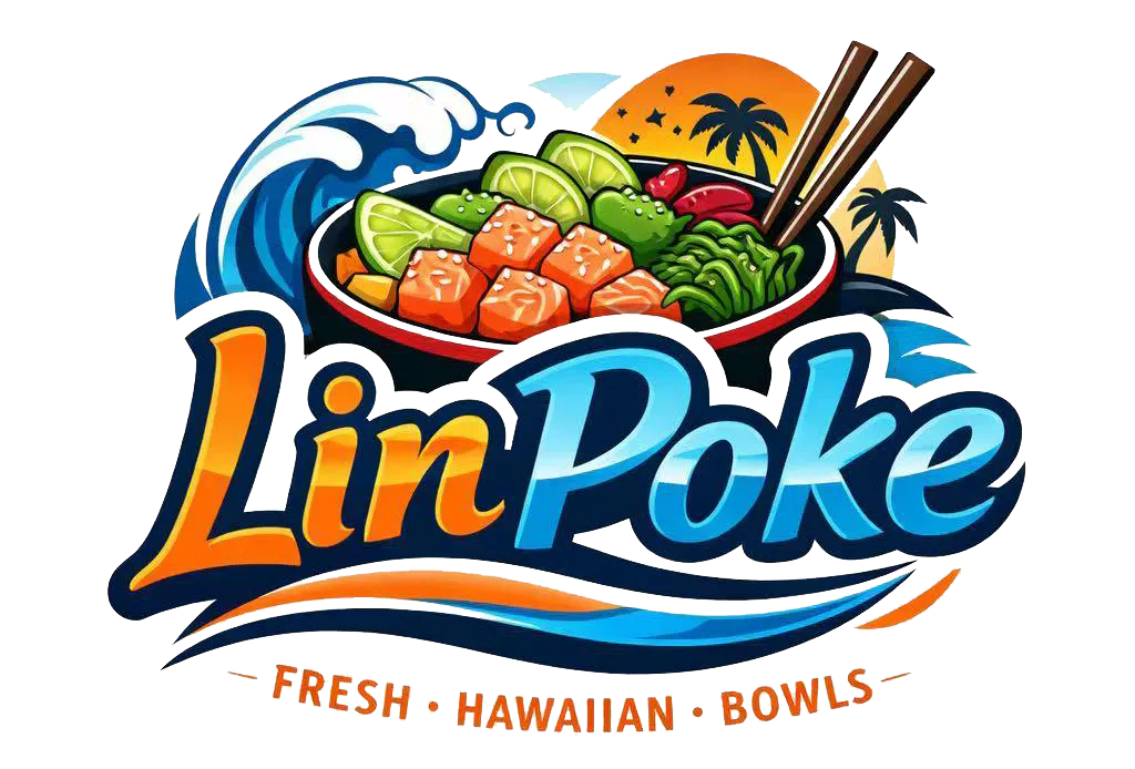 Lin Poke colorful logo with poke bowl and ocean elements at Lin Poke, a Hawaiian Poke Bowl Restaurant in Clearwater